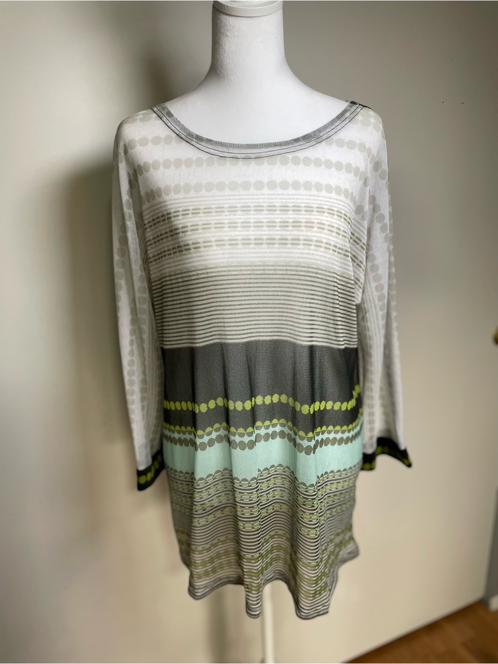 Striped Scoop-Neck Tunic in Gray, Mint & Lime Accent Sheer